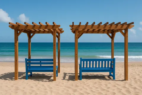 Two Wooden Pergolas with Blue Benches Beneath Them Positioned