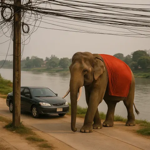 Elephant with a Red Cloth Walks Along a Riverside Pathway