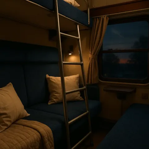 Cozy Train Sleeper Compartment with Blue Seats