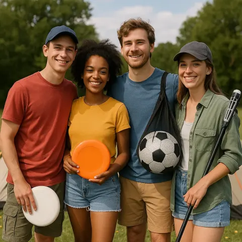 Group of People Standing Outdoors on Grass near a Tent