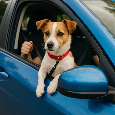Small Dog Leans Out of the Open Window