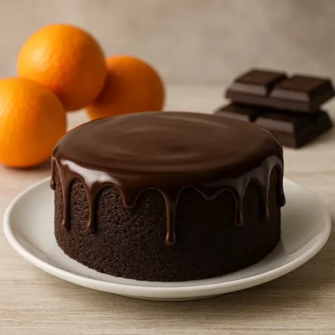 Chocolate-covered Cake on a White Plate with Oranges