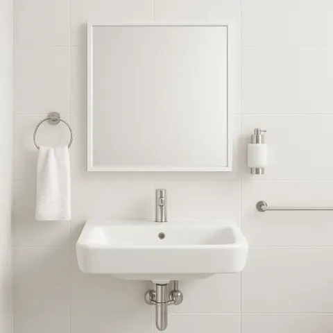 Simple and Modern Bathroom Featuring a White Sink and Mirror