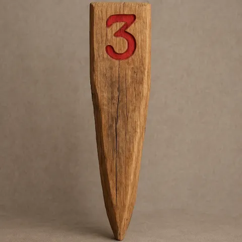 Stake Made of Wood Featuring an Engraved Red Numeral '3'