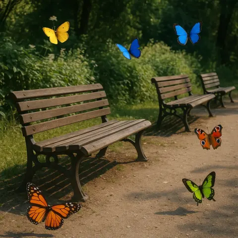 Authentic Setting Featuring Three Wooden Benches Accompanied by Six Vibrant