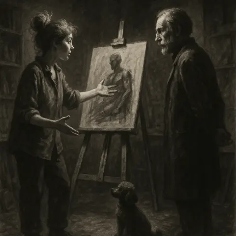 Messy-bunned Artist Gestures Towards an Easel