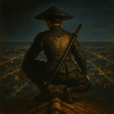 Androgynous Figure Maintains a Stealthy Crouch on a Rooftop