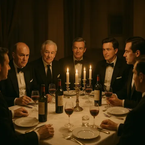 Formal Dinner Gathering with Men in Tuxedos Seated