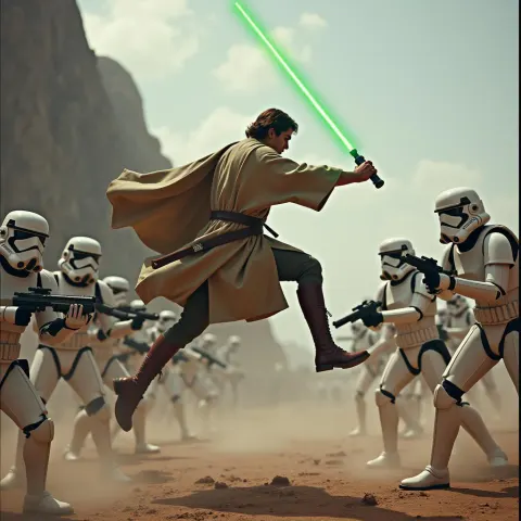 Jedi Knight Leaps Against Stormtrooper Blaster Fire