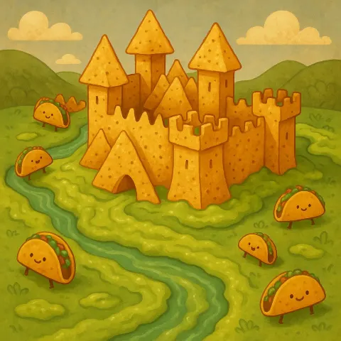 Castle Constructed from Nacho Chips Stands Encircled by a River