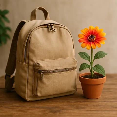 Wooden Table with a Vibrant Potted Flower and a Backpack