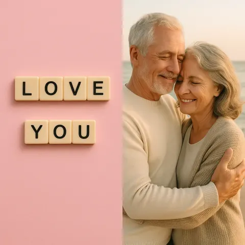 Older Couple Embraces by the Beach Alongside a Pink Background