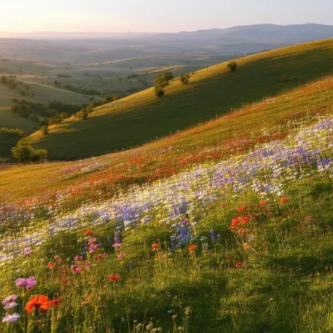 Golden Hour Over Rolling Hills of Wildflowers