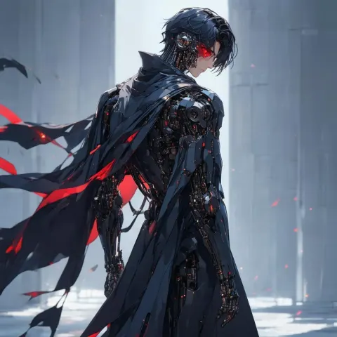 Caped Cyborg Anime Man With Red Mechanical Eye