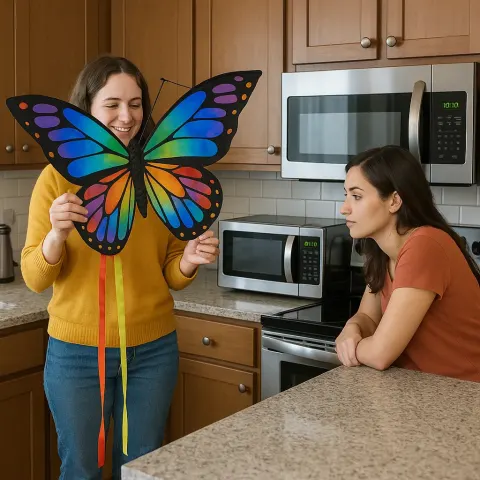 One Woman Is Holding a Vibrant Butterfly-shaped Kite
