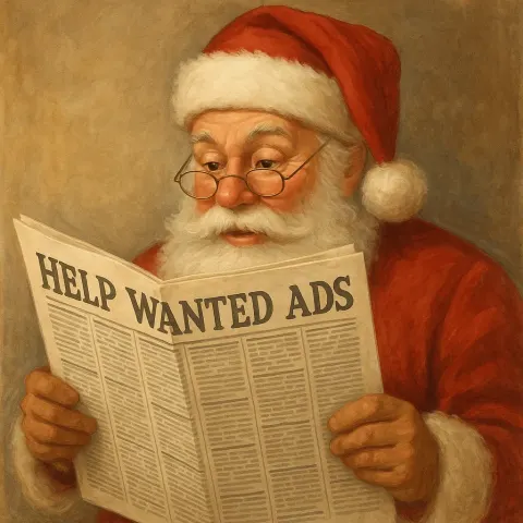 Santa Claus Wearing Glasses and a Red Hat Reads