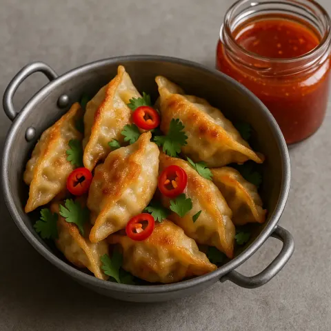 Metal Bowl Filled with Crispy Asian Dumplings Garnished with Herbs