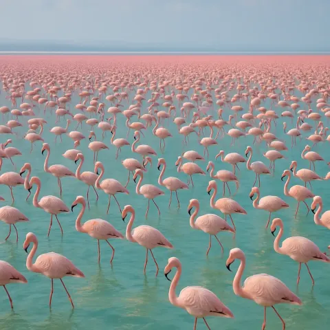 Vast Flock of Thousands of Pink Flamingos Wades