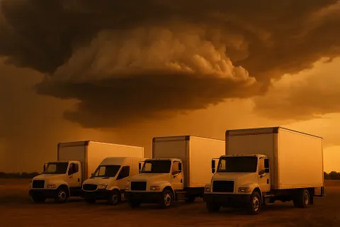 Four Diverse Moving Vans under Gathering Supercell Thunderclouds