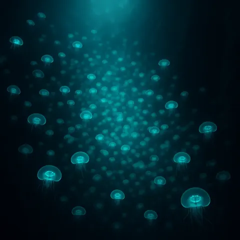 Innumerable Bioluminescent Jellyfish Drift in a Dense