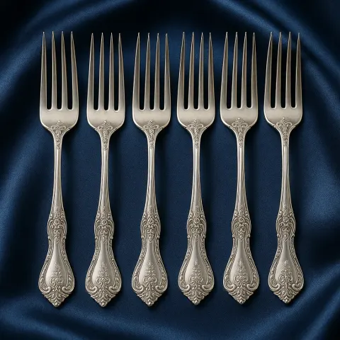 Distinguished Set of Six Antique Silver Dessert Forks Featuring