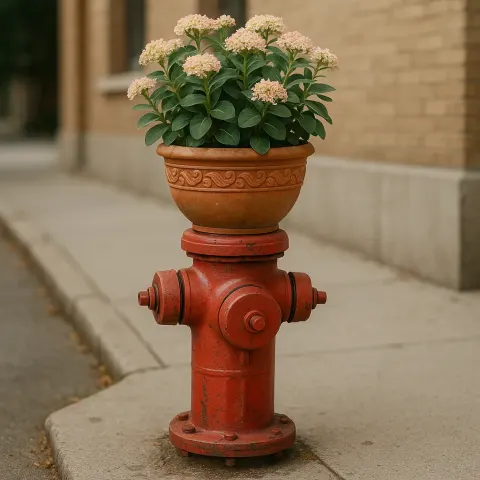 Fire Hydrant with a Decorative Plant Pot Balanced on Top