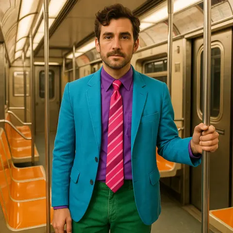 Man Dressed in a Vibrant Outfit Featuring a Blue Jacket