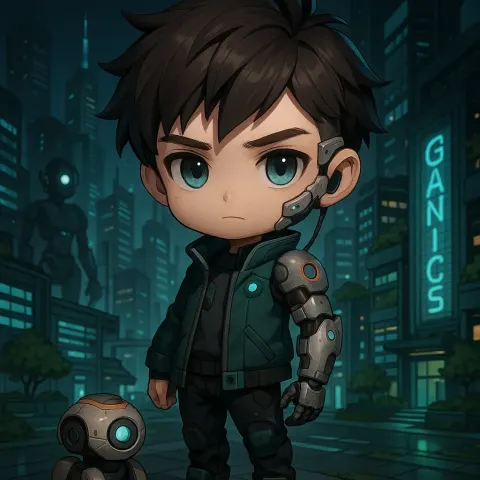 3D Chibi-style Anime Boy Character That Personifies a Futuristic Dystopian