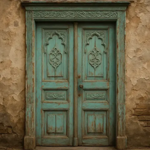 Vintage Turquoise Wooden Door with Ornate Carvings and Weathered Panels