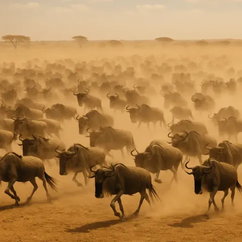 Massive Herd of Wildebeest Kicks Up a Vast Cloud