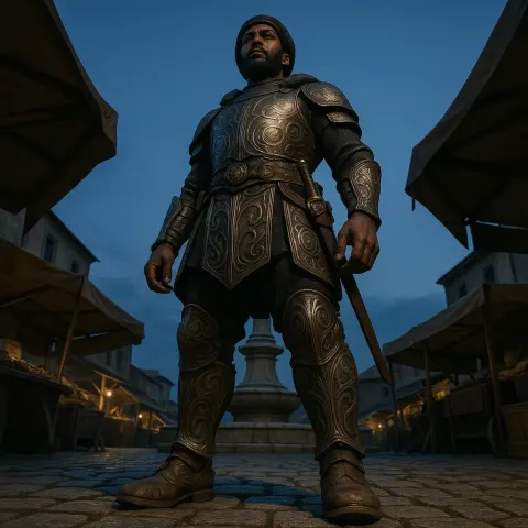 Towering Warrior of North African Descent Dominates the Foreground