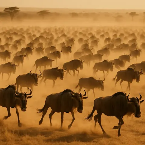 Hundreds of Distant Wildebeest Thunder Across a Vast