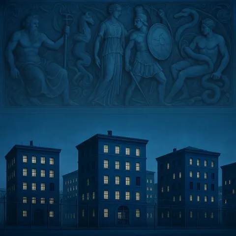 Several Diverse Prisons Repeat Before Intricate Mythological Friezes