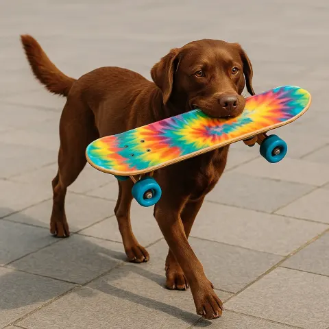 Brown Dog Carrying a Colorful Skateboard in its Mouth