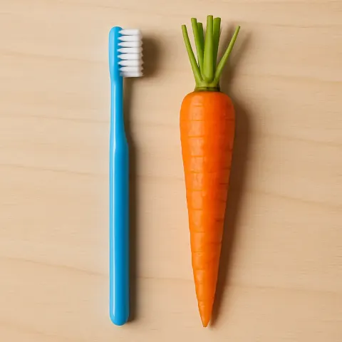 Carrot That Is Orange Placed Beside a Toothbrush