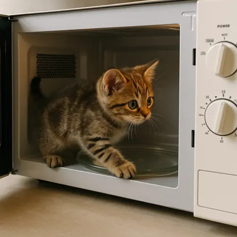 Curious Kitten Playfully Investigates the Microwave
