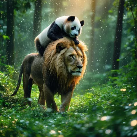 Panda Perched on a Lion in Golden Rain