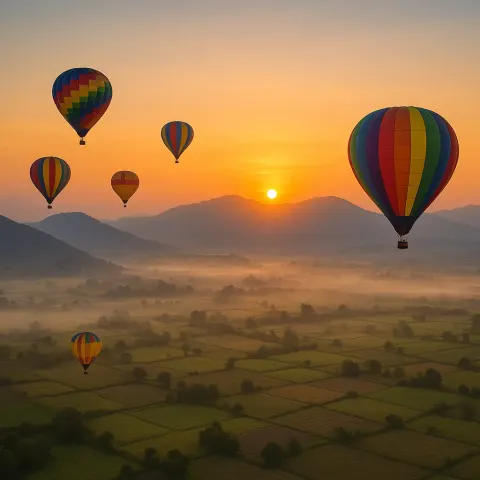 Several Brightly Colored Hot Air Balloons Drift Serenely
