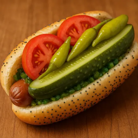 Chicago-style Hot Dog Topped with a Pickle Spear