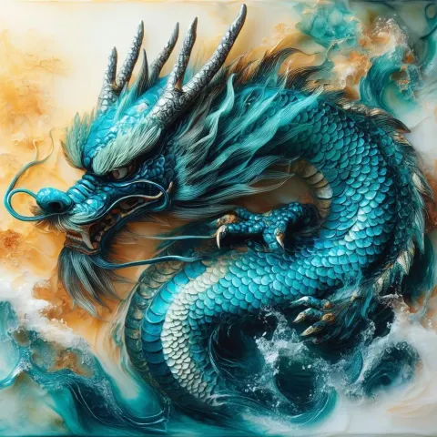 Water Spirit Embracing a Dragon in Warm Encaustic