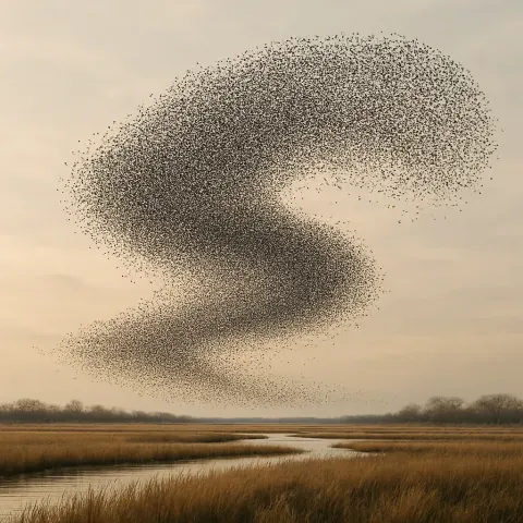 Vast Flock of Countless Starlings Forms a Swirling Murmuration