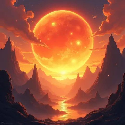 Fiery Anime Planet Rising Over Jagged Mountains