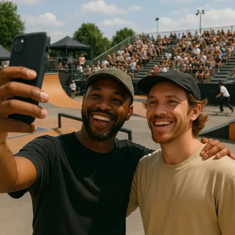 Two Men Pose for a Selfie at an Outdoor Skateboarding