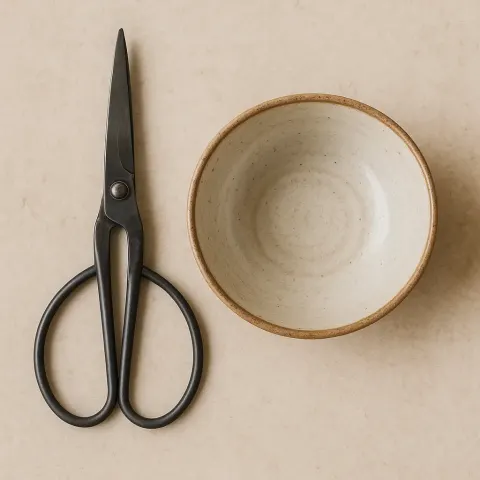 Ceramic Bowl with a Pair of Scissors Placed Beside It