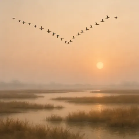 Vast Flock of Migrating Geese Forms a Distant V-shape
