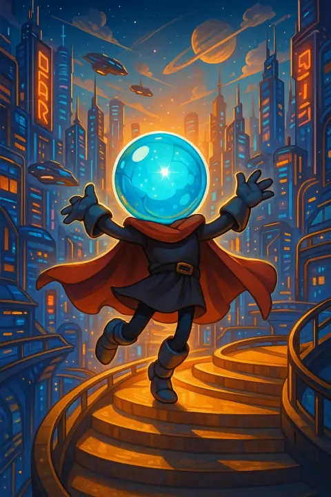 Cartoon-like Character Whose Head Is a Floating Crystal Orb
