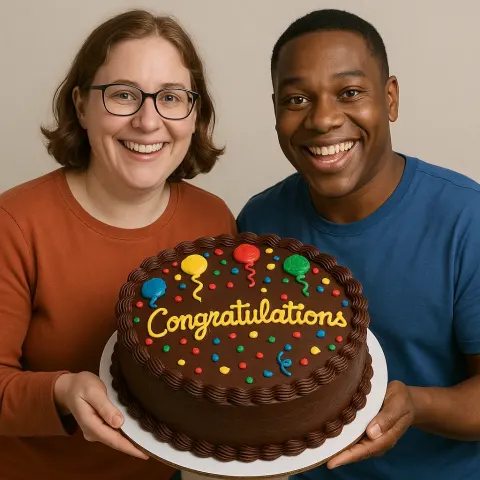 Two People Holding a Large Celebratory Chocolate Cake