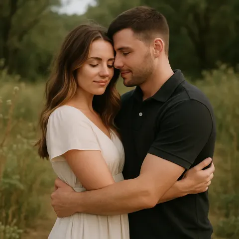 Couple Embraces Closely in a Natural Outdoor Setting