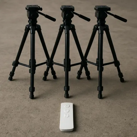 Three Robust Black Tripods Positioned Methodically in a Straight Line