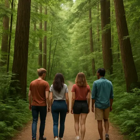 Small Gathering of Companions Strolls Along a Vibrant Woodland Trail
